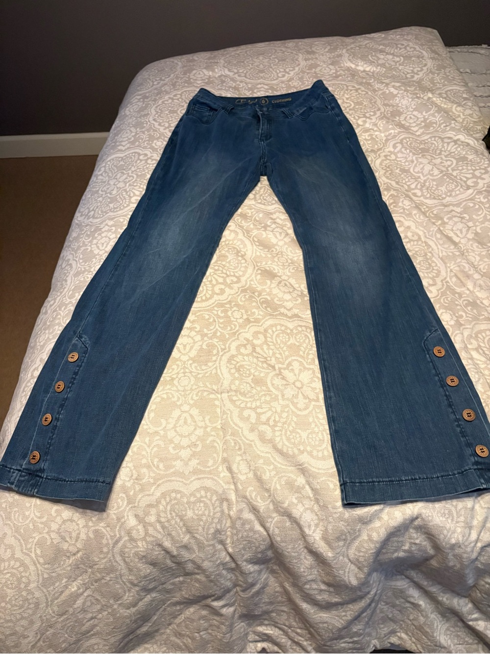 Dark Blue Flare Jeans with Hem Button Detail
